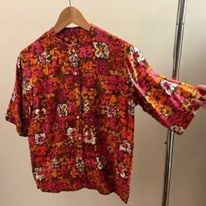 50s 60s Warhol like floral print button down shirt blouse unisex vintage vtg top